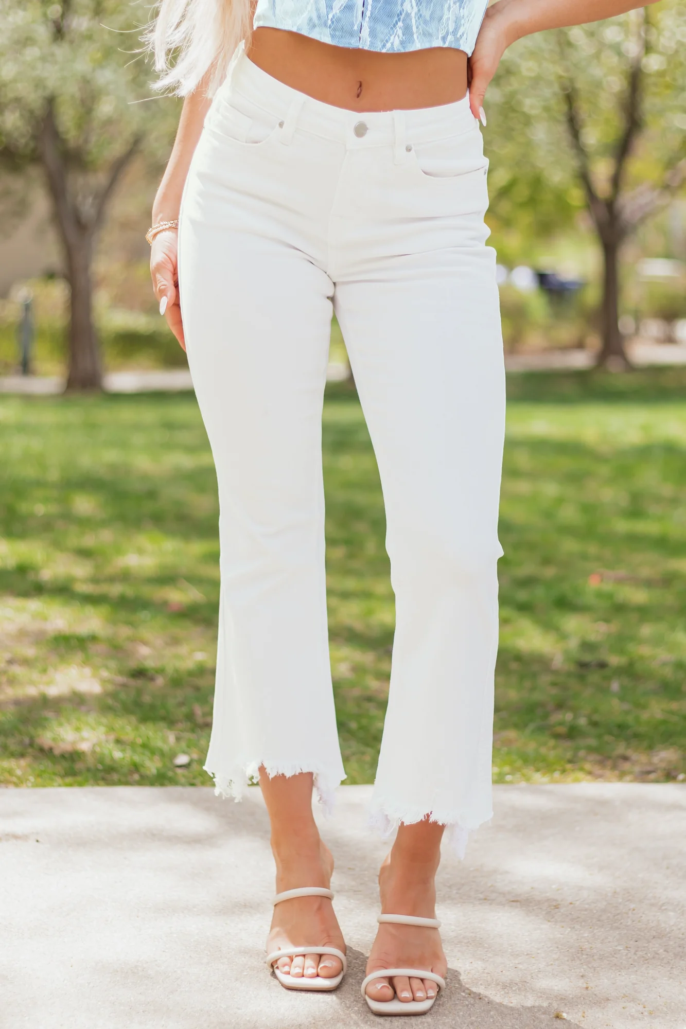 Off White Stretchy Crop Flare Jeans for Women