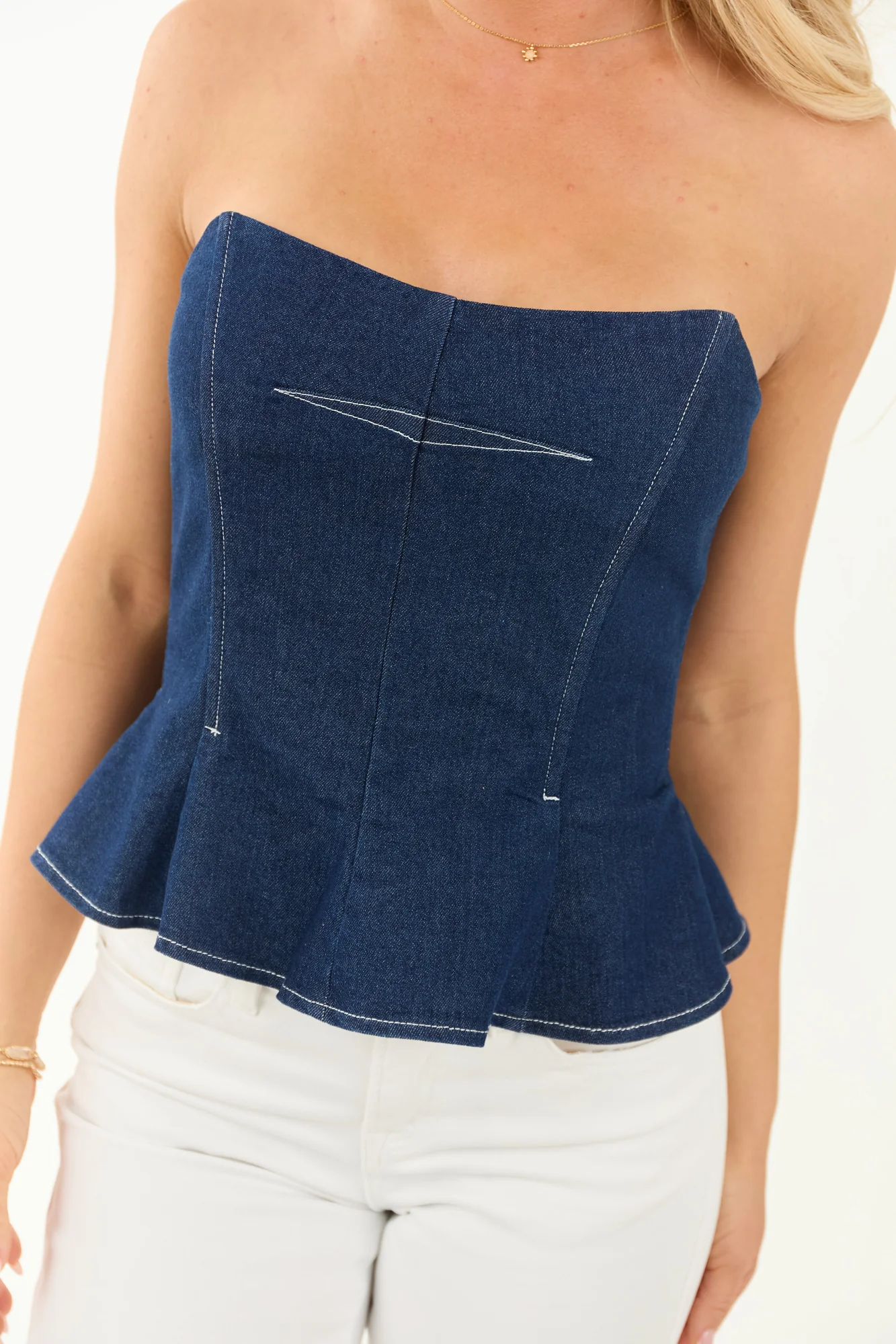 Denim Strapless Bustier Peplum Tank Top in Dark Wash