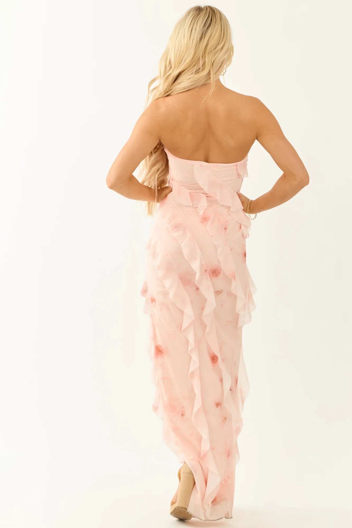 Coral Floral Ruffle Mesh Maxi Dress