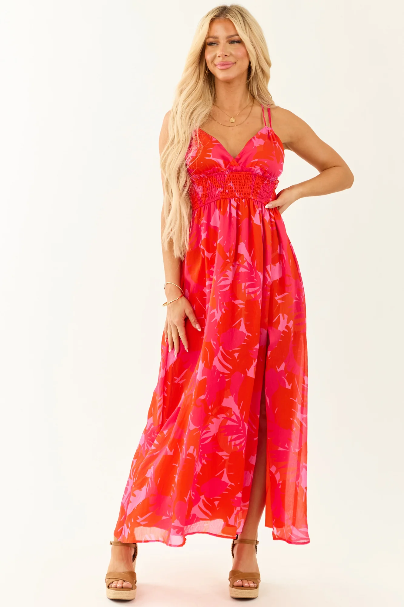 Flowy Scarlet Leaf Print Maxi Dress