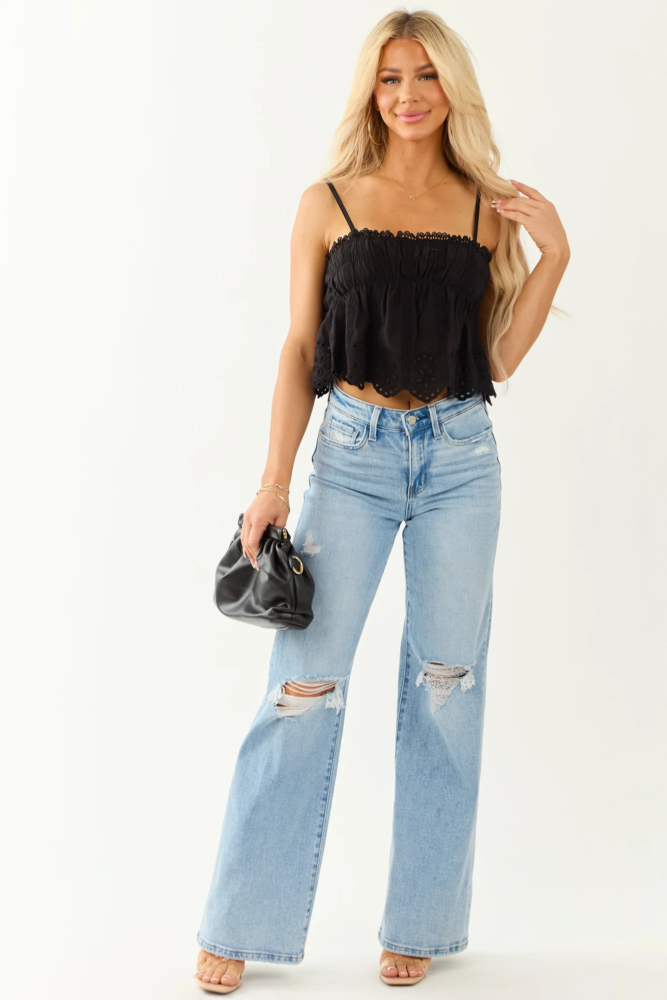 Black Cotton Eyelet Lace Sleeveless Ruffle Camisole Top