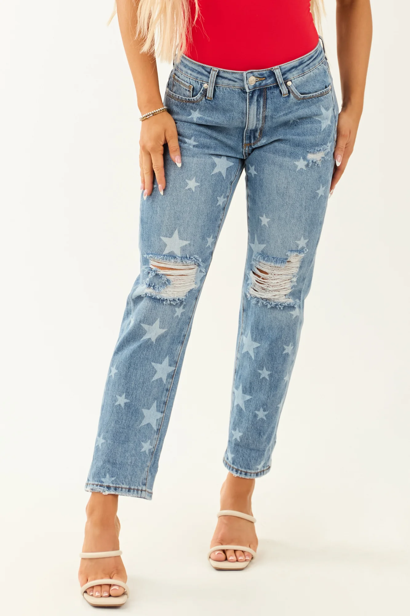 Medium Wash Star Print Cuffed Boyfriend Jeans
