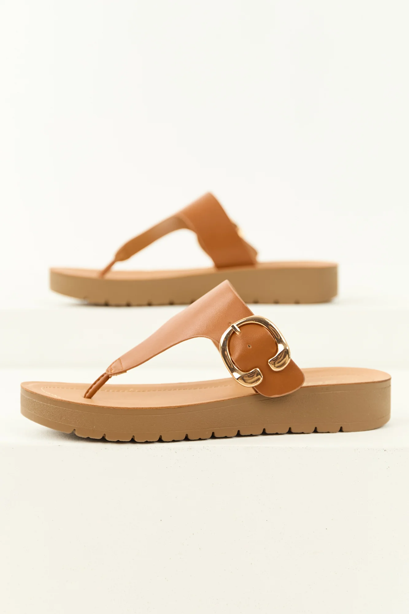 Brown Faux Leather Platform Thong Sandals