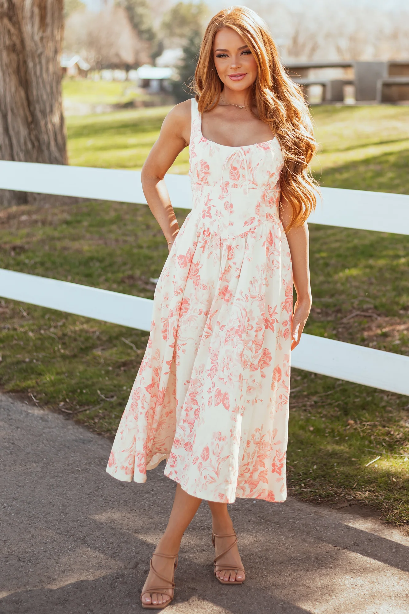 Coral Floral Print Linen Sleeveless Midi Dress
