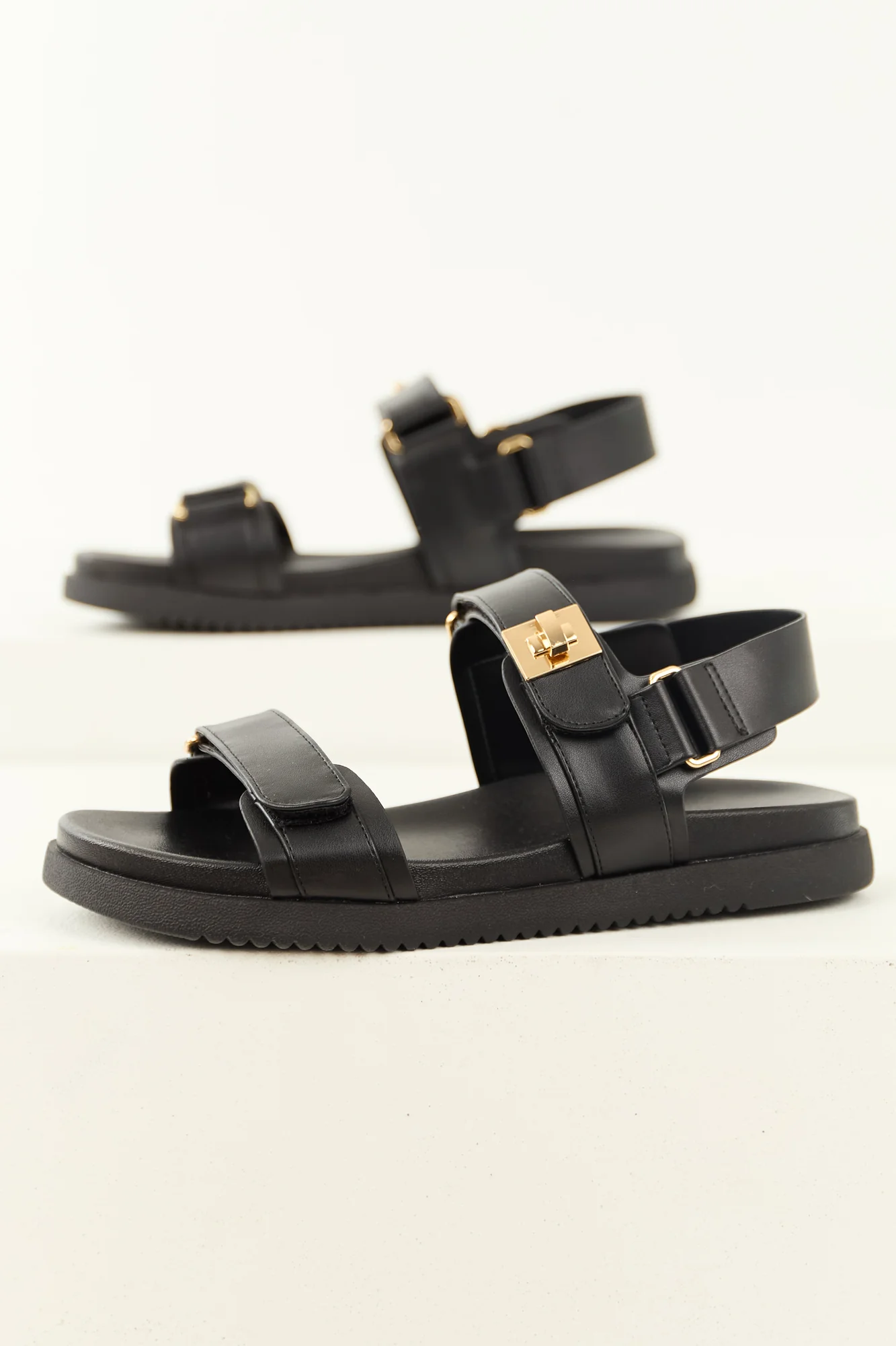 Black Open Toed Velcro Strap Platform Sandals