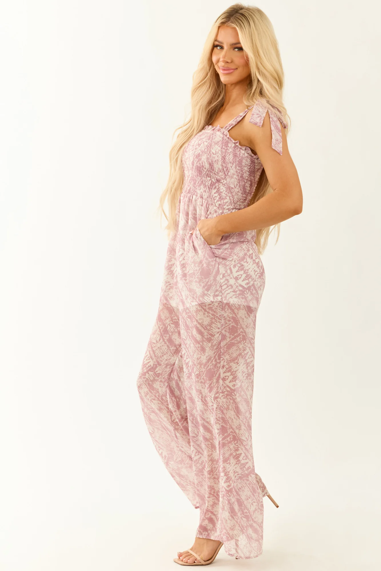 Chiffon Wide Leg Jumpsuit in Mauve Abstract Print