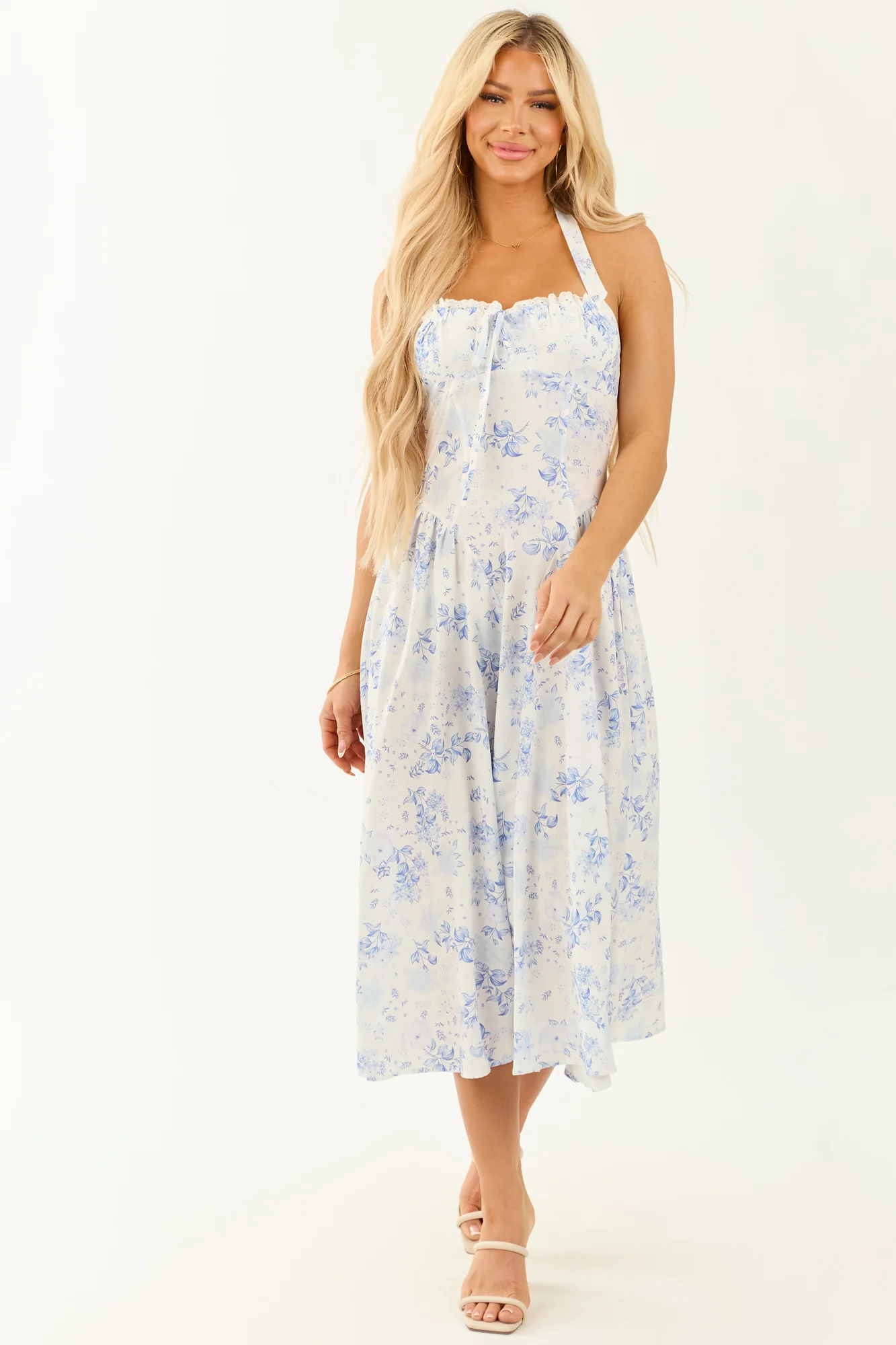 Boho Floral Halter Neck Midi Dress in Off White