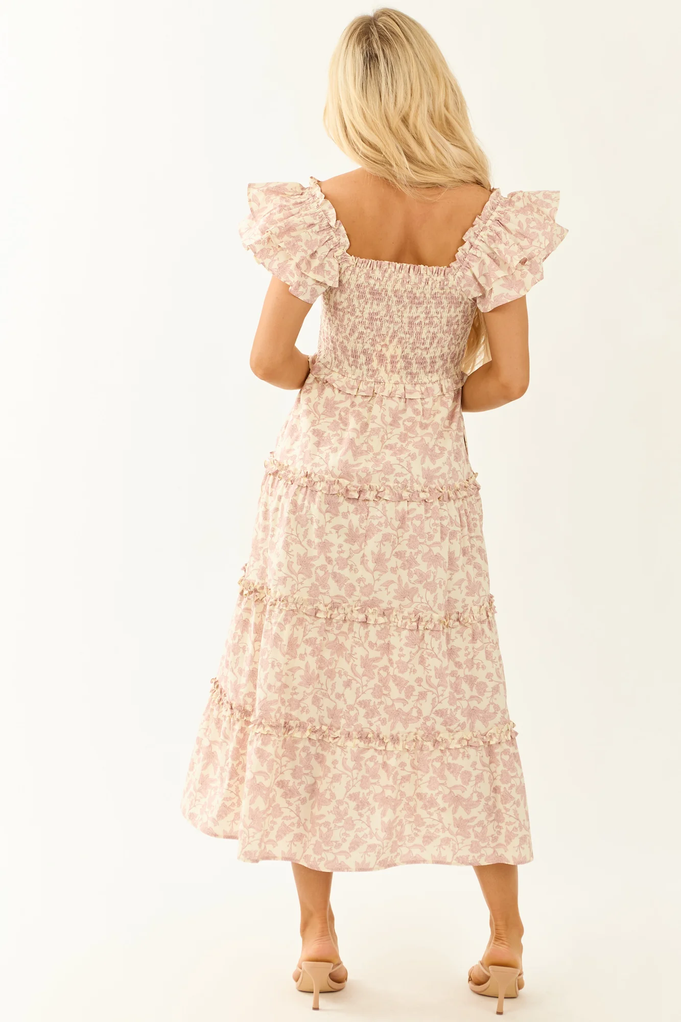 Mauve Smocked Floral Print Midi Dress