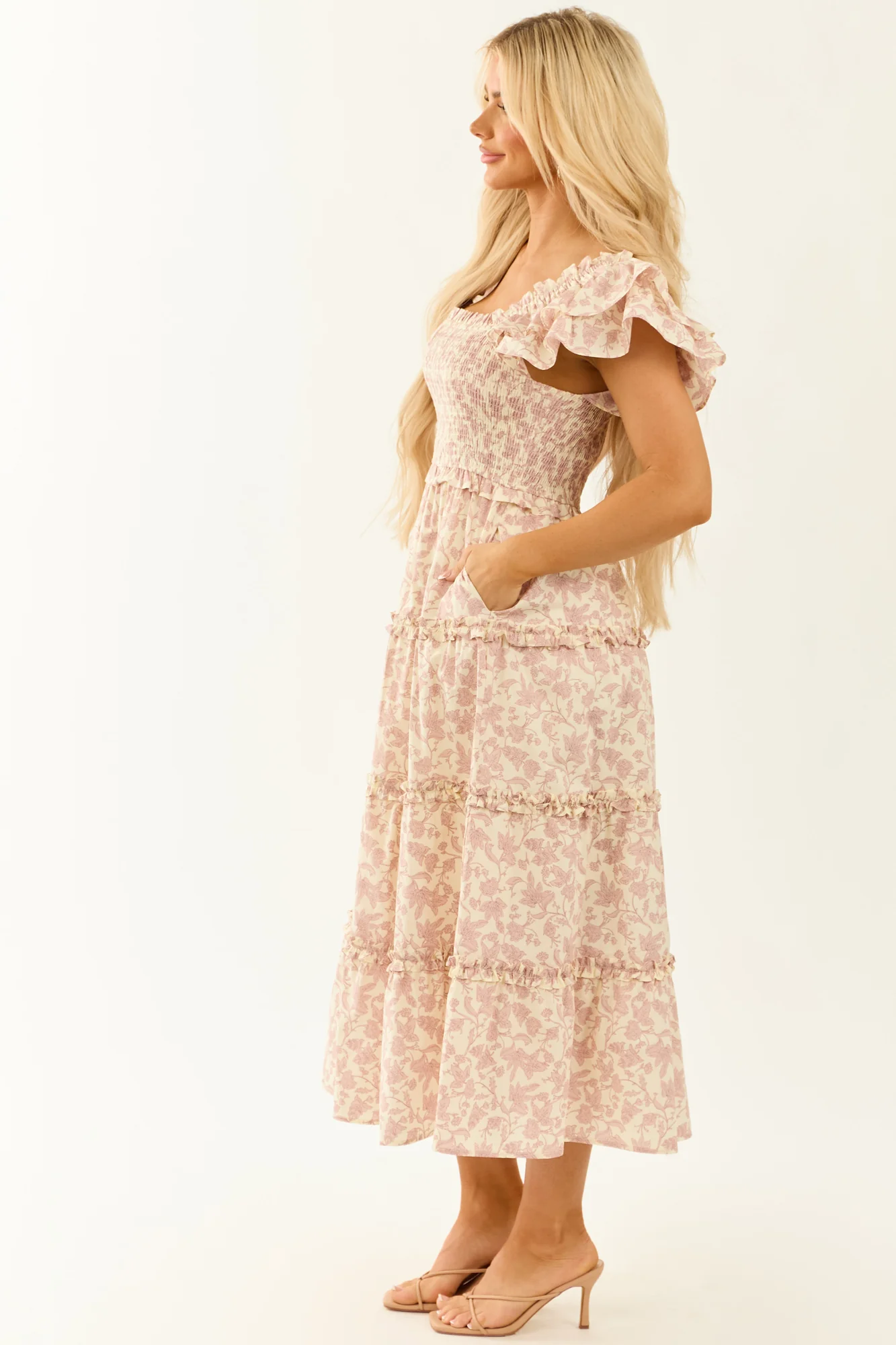 Mauve Smocked Floral Print Midi Dress