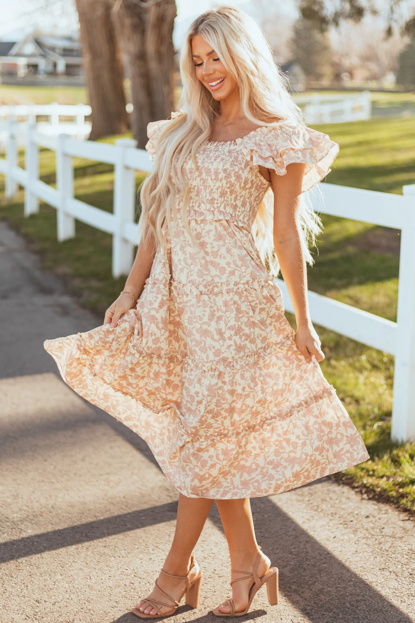 Mauve Smocked Floral Print Midi Dress