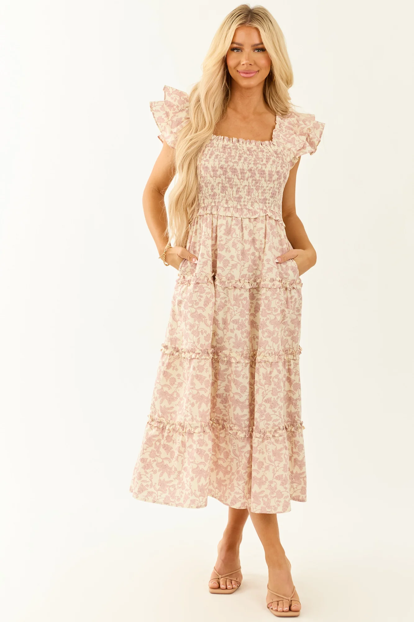 Mauve Smocked Floral Print Midi Dress