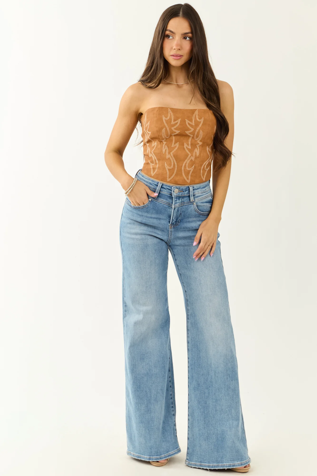 Medium Wash Western Wide Leg Jeans with V Stitch Detail