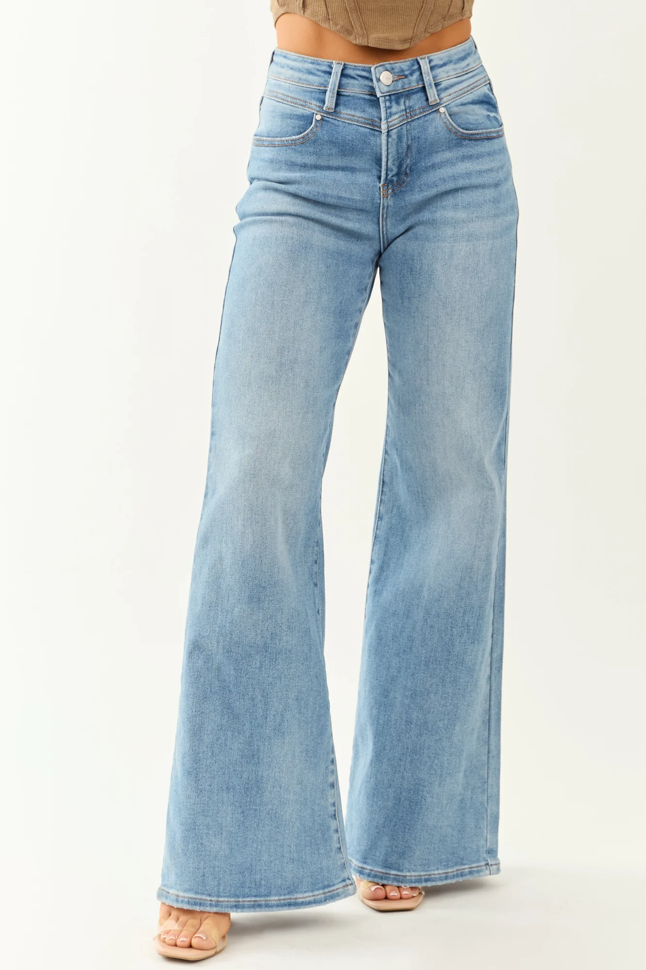 Medium Wash Western Wide Leg Jeans with V Stitch Detail