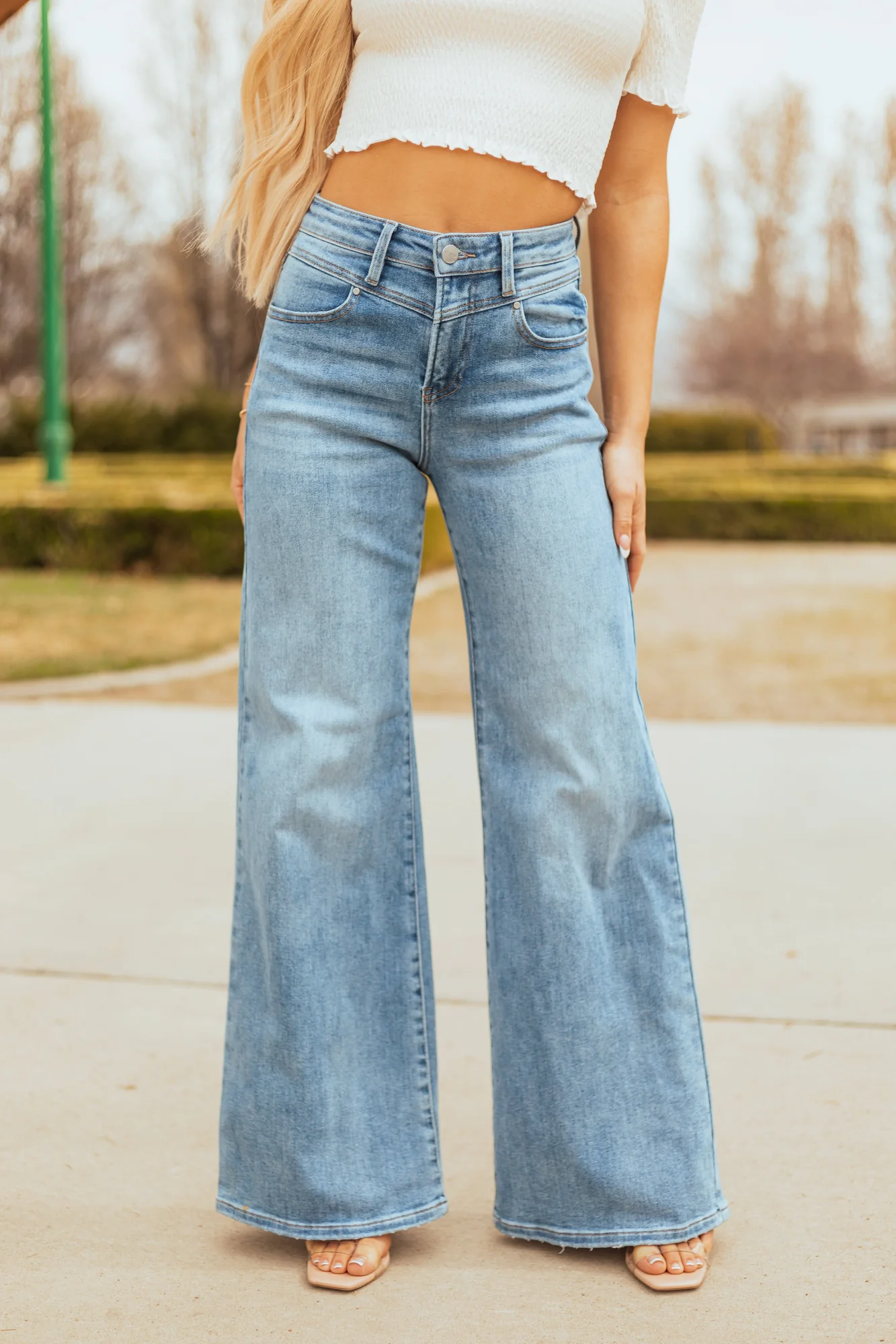Medium Wash Western Wide Leg Jeans with V Stitch Detail