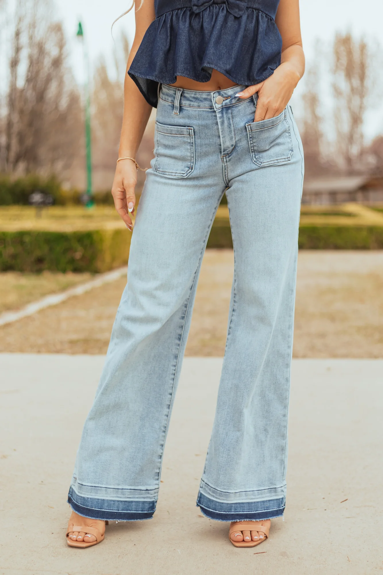 High Rise Light Wash Wide Leg Jeans with Ombre Hem