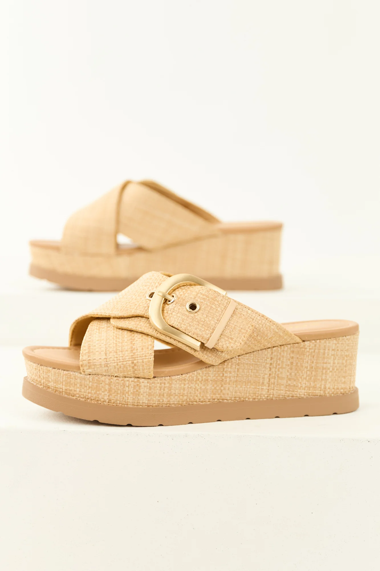 Latte Raffia Platform Buckle Wedge Sandals
