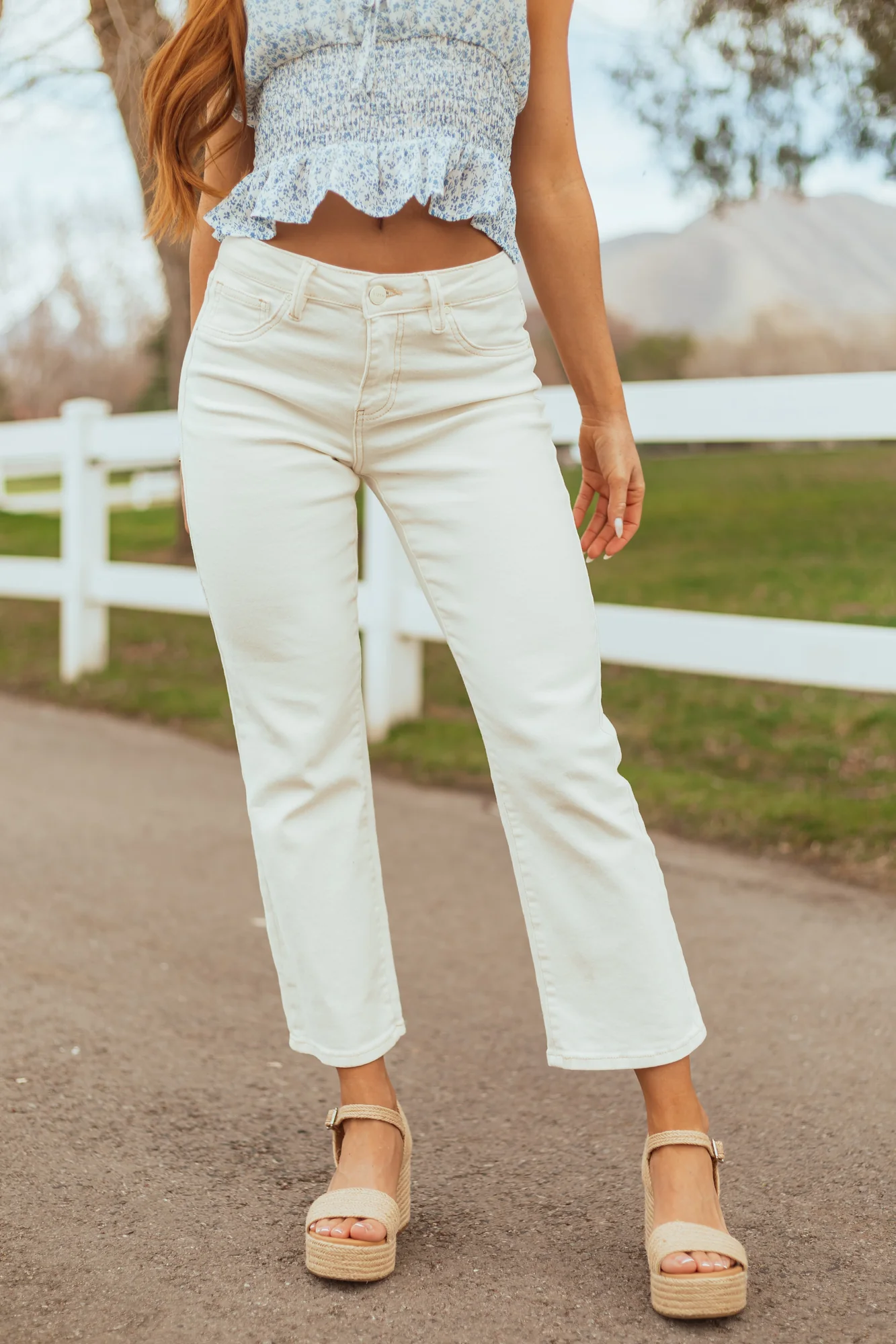 High-Rise White Stretchy Denim Jeans - Womens Ankle-Length Pants