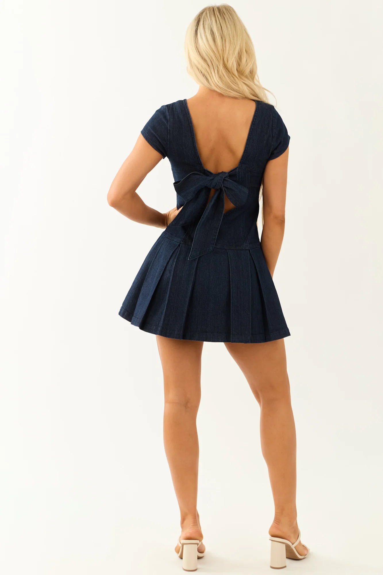 Blue Denim Pleated Cap Sleeve Mini Dress