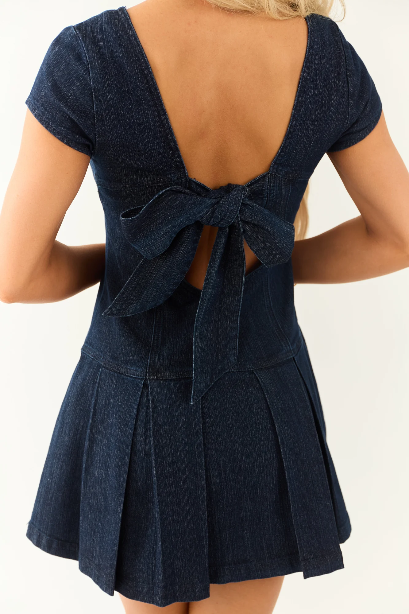 Blue Denim Pleated Cap Sleeve Mini Dress