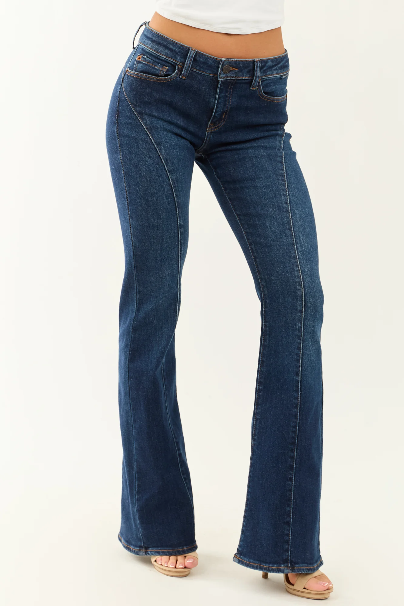 Dark Wash Flare Tall Length Jeans | Stretchy Low Rise Denim