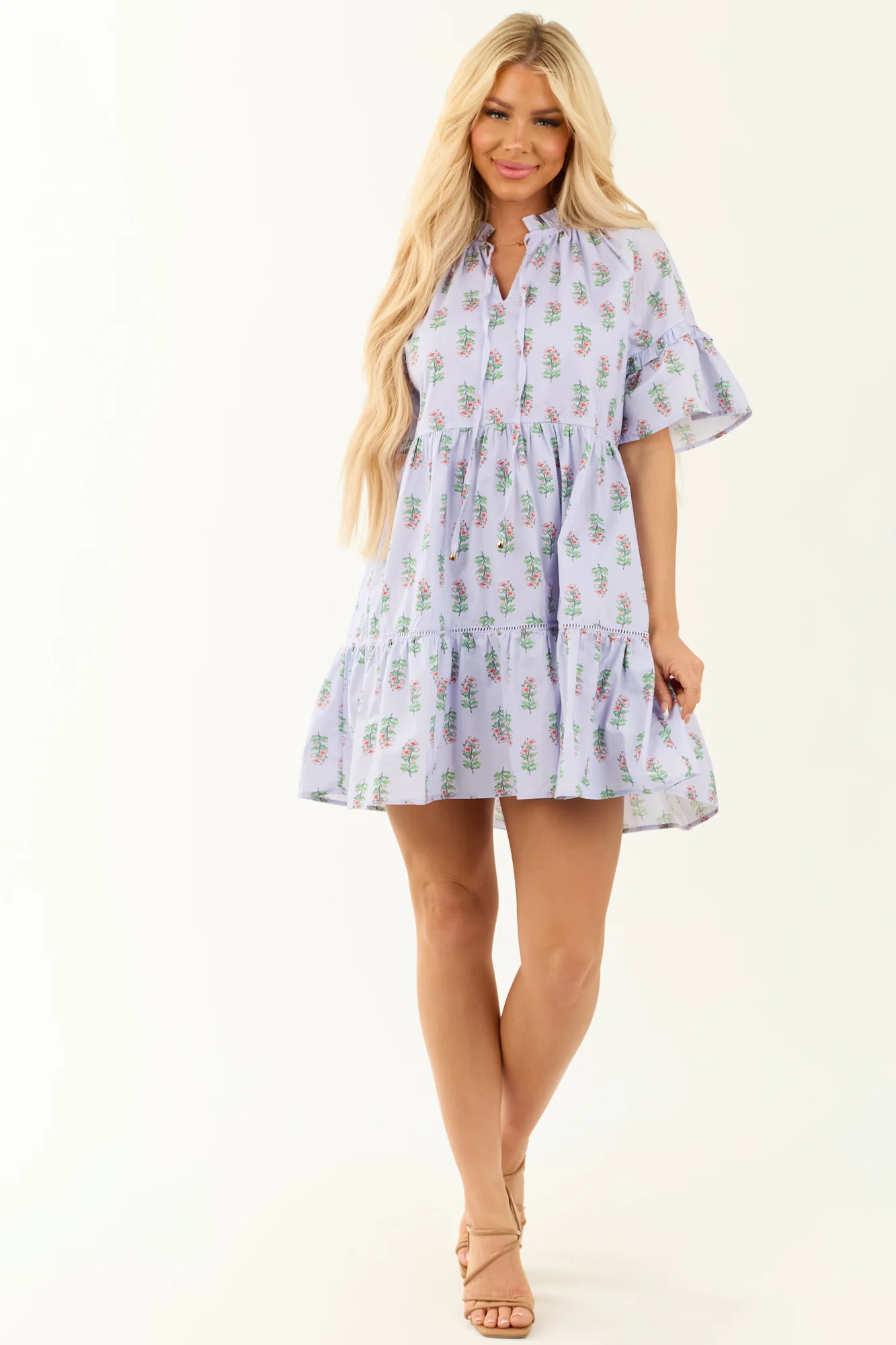 Floral Print Ruffle Sleeve Cotton Mini Dress