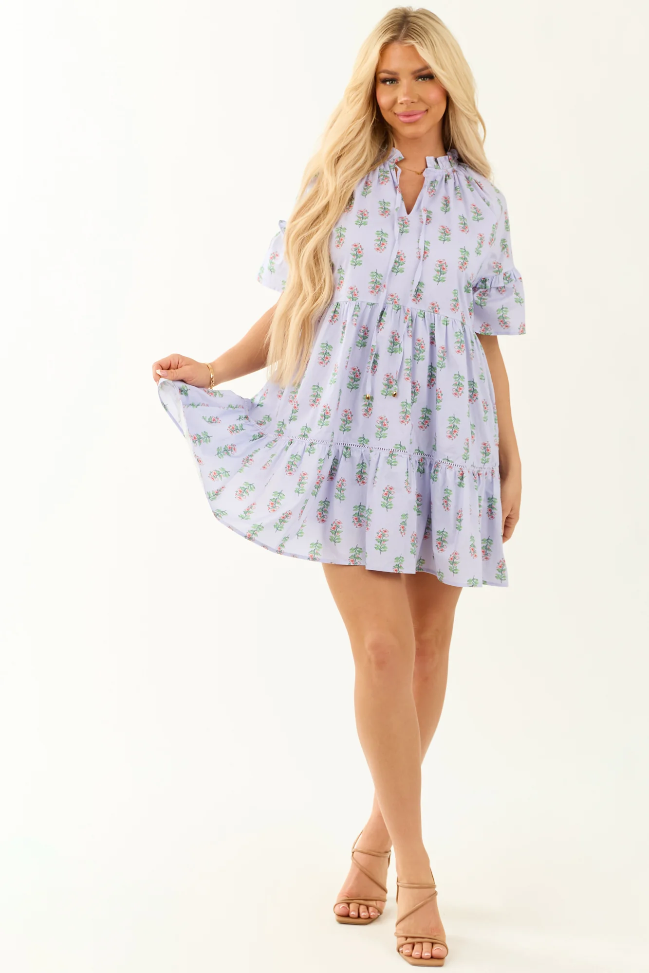 Floral Print Ruffle Sleeve Cotton Mini Dress
