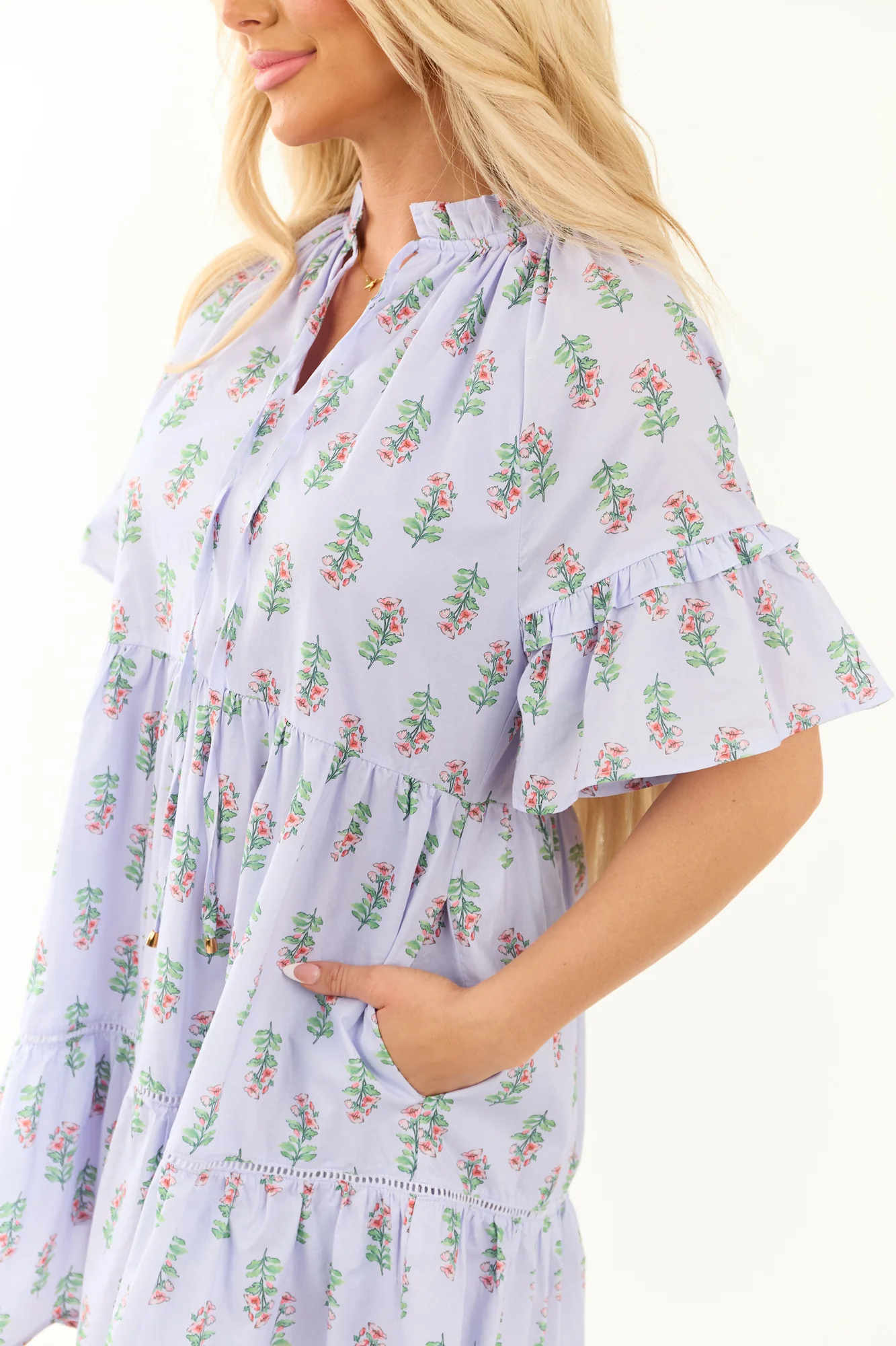 Floral Print Ruffle Sleeve Cotton Mini Dress