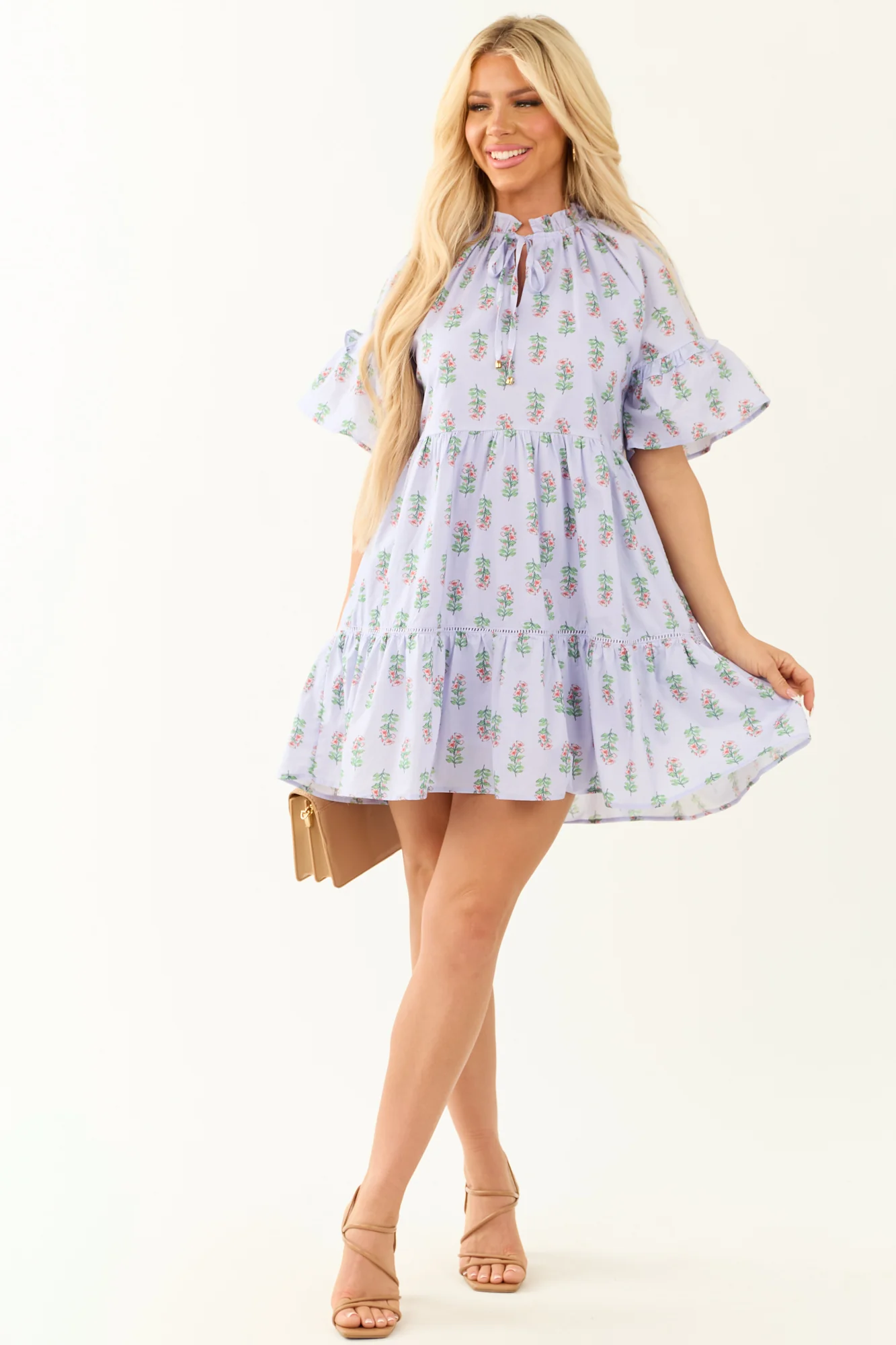Floral Print Ruffle Sleeve Cotton Mini Dress