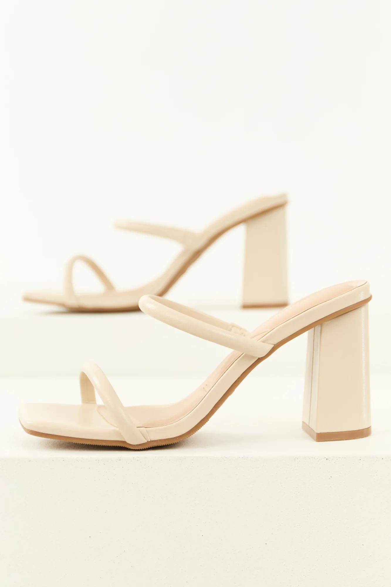 White Square Toe Double Strap Block Heel Sandals