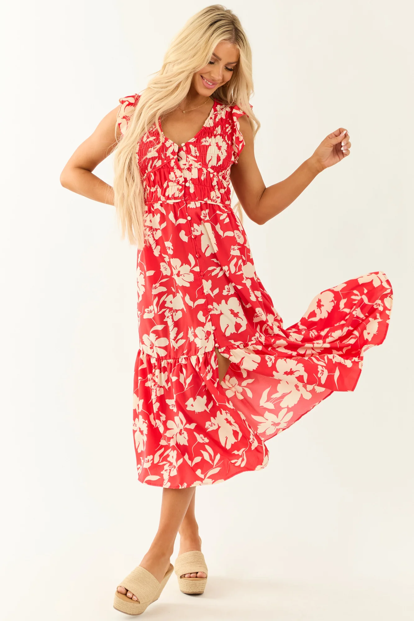 Floral Print Button Down Smocked Midi Dress