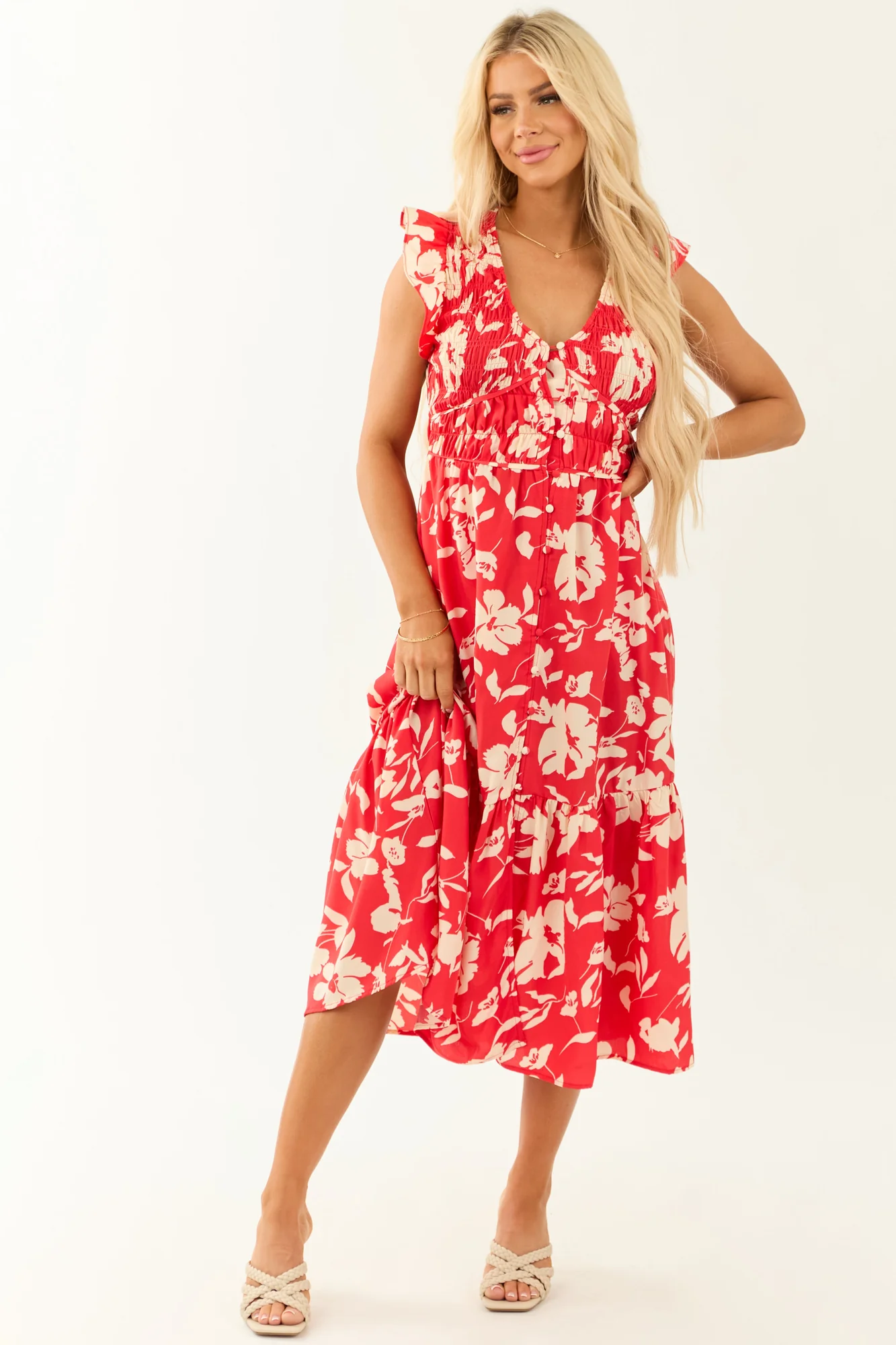 Floral Print Button Down Smocked Midi Dress