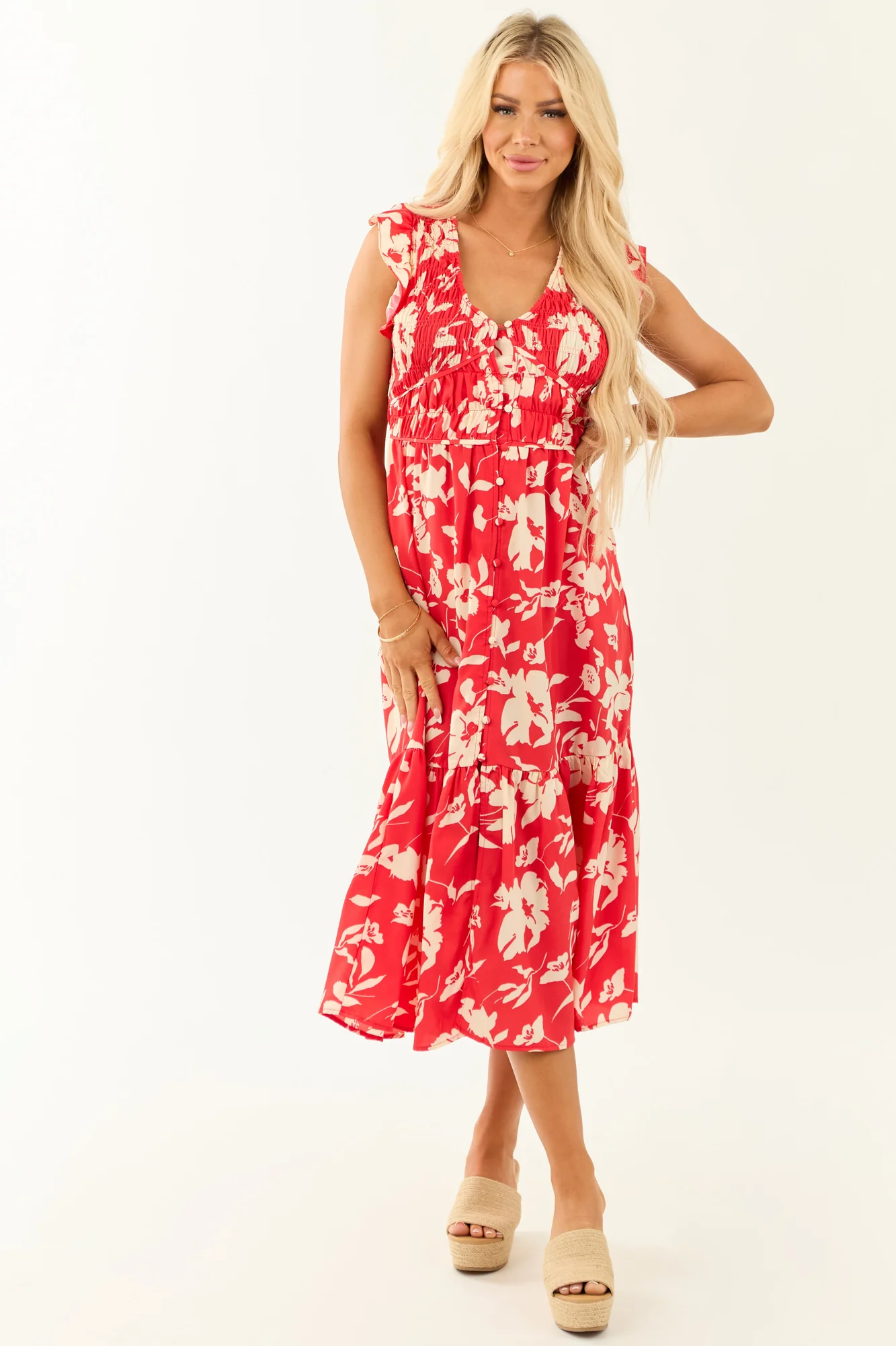 Floral Print Button Down Smocked Midi Dress