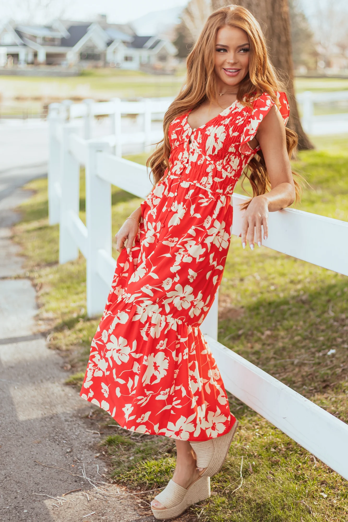 Floral Print Button Down Smocked Midi Dress