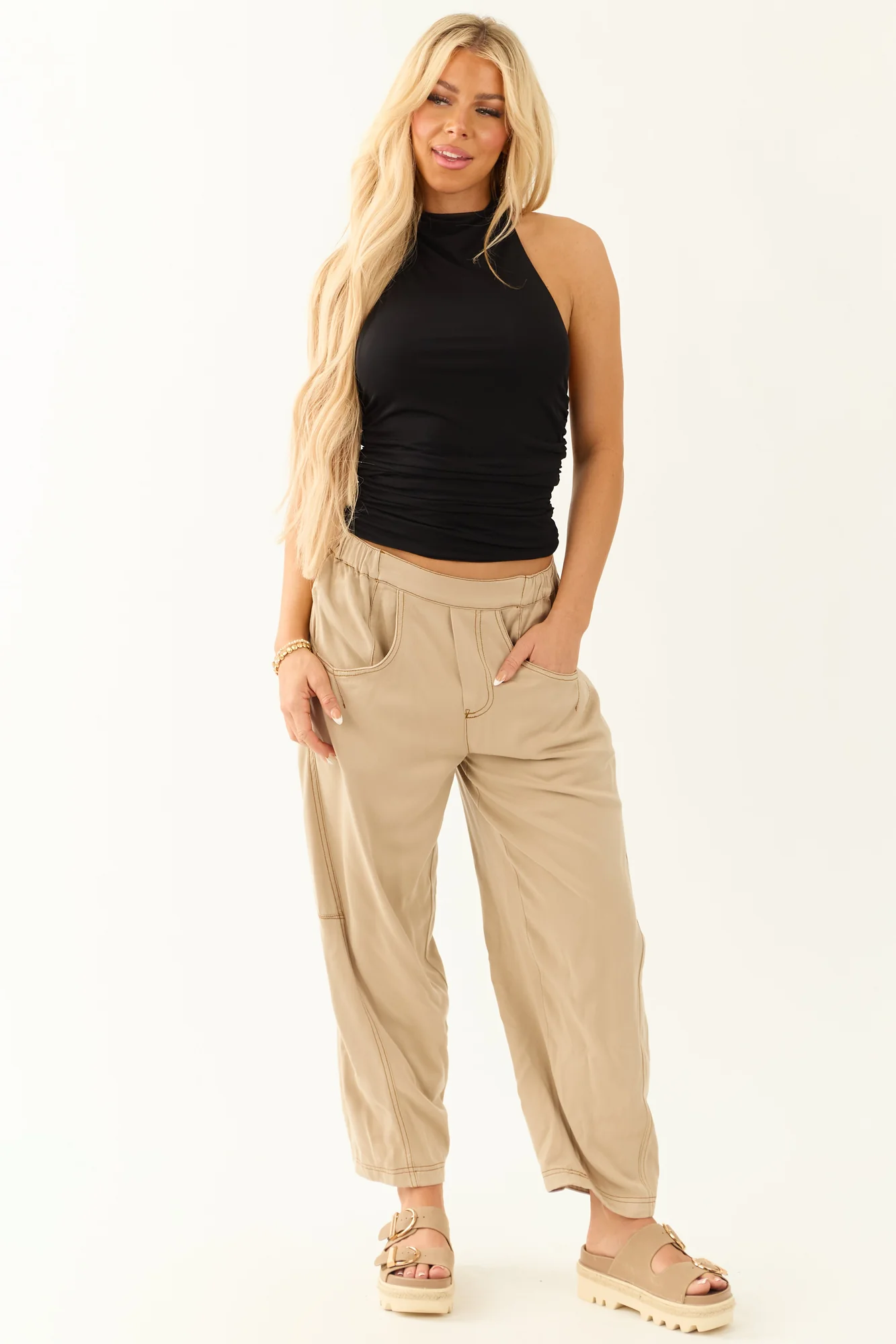 Taupe Vintage Soft Elastic Waist Ankle Pants