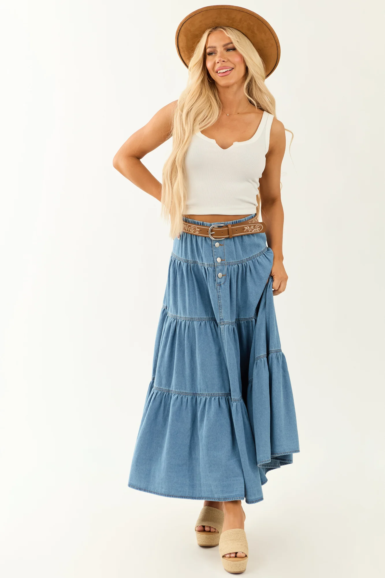 Tiered Chambray Denim Maxi Skirt, Boho Chic Style