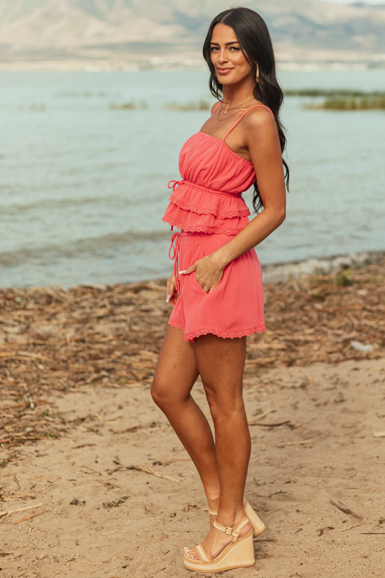 Pink Rayon Ruffle Hem Tank Top and Shorts Set