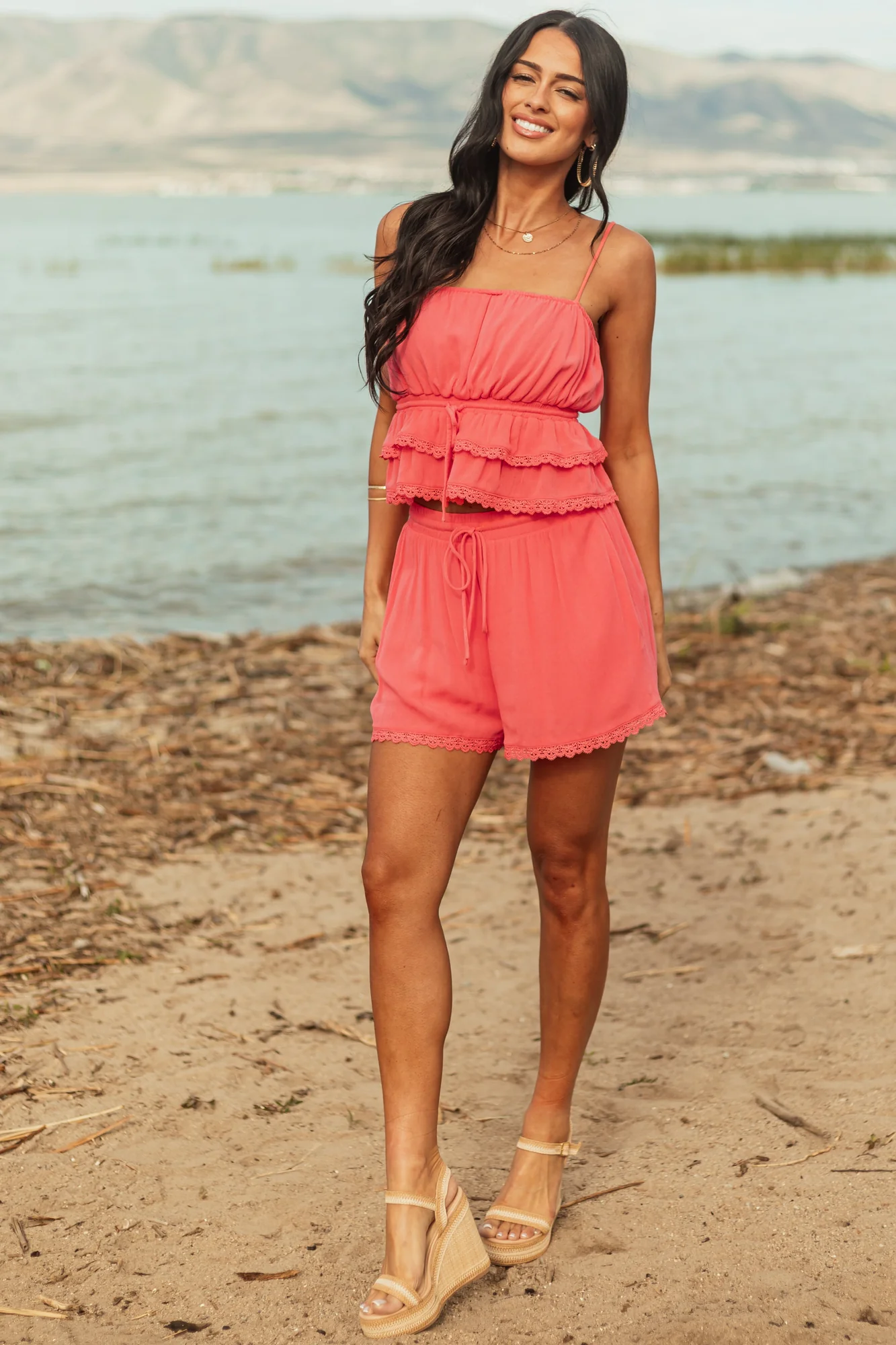 Pink Rayon Ruffle Hem Tank Top and Shorts Set