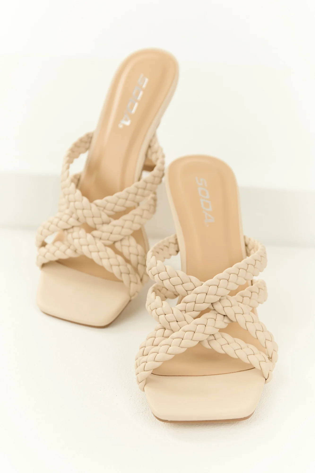 Champagne Braided Strap Square Toe Heeled Sandals