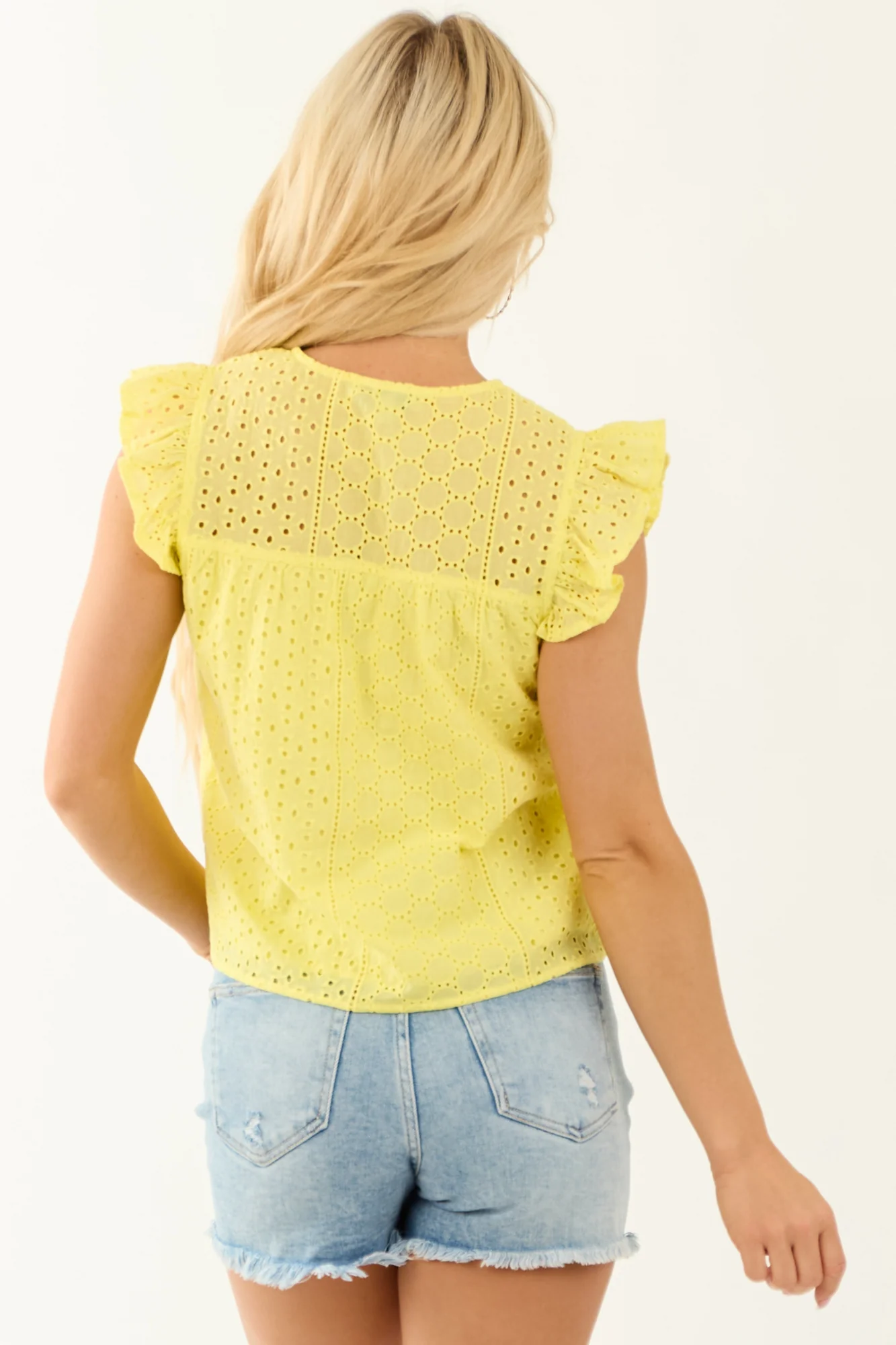 Yellow Eyelet Ruffle Sleeve Cotton Top