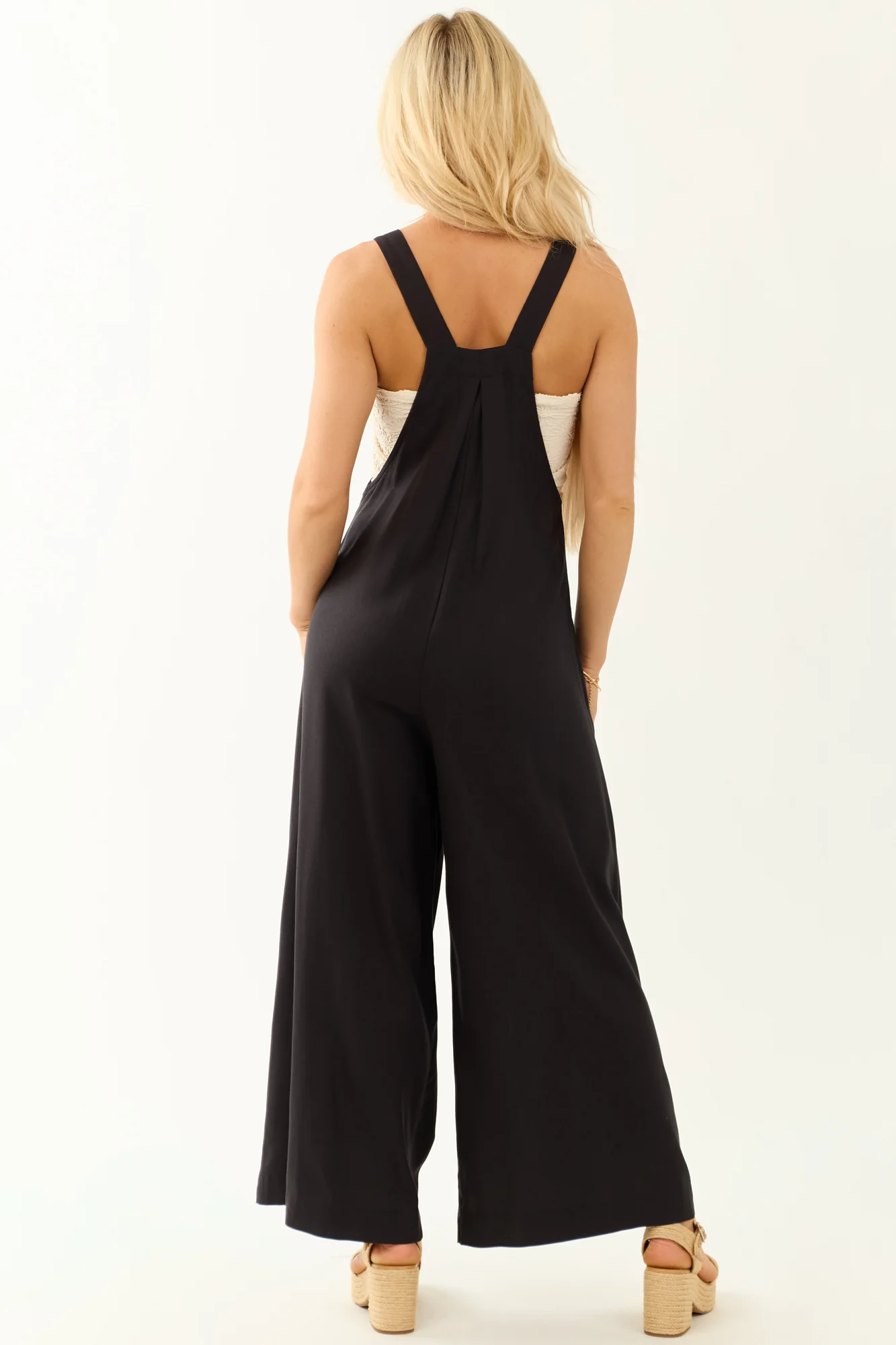 Wide Leg Black Linen Jumpsuit for Women