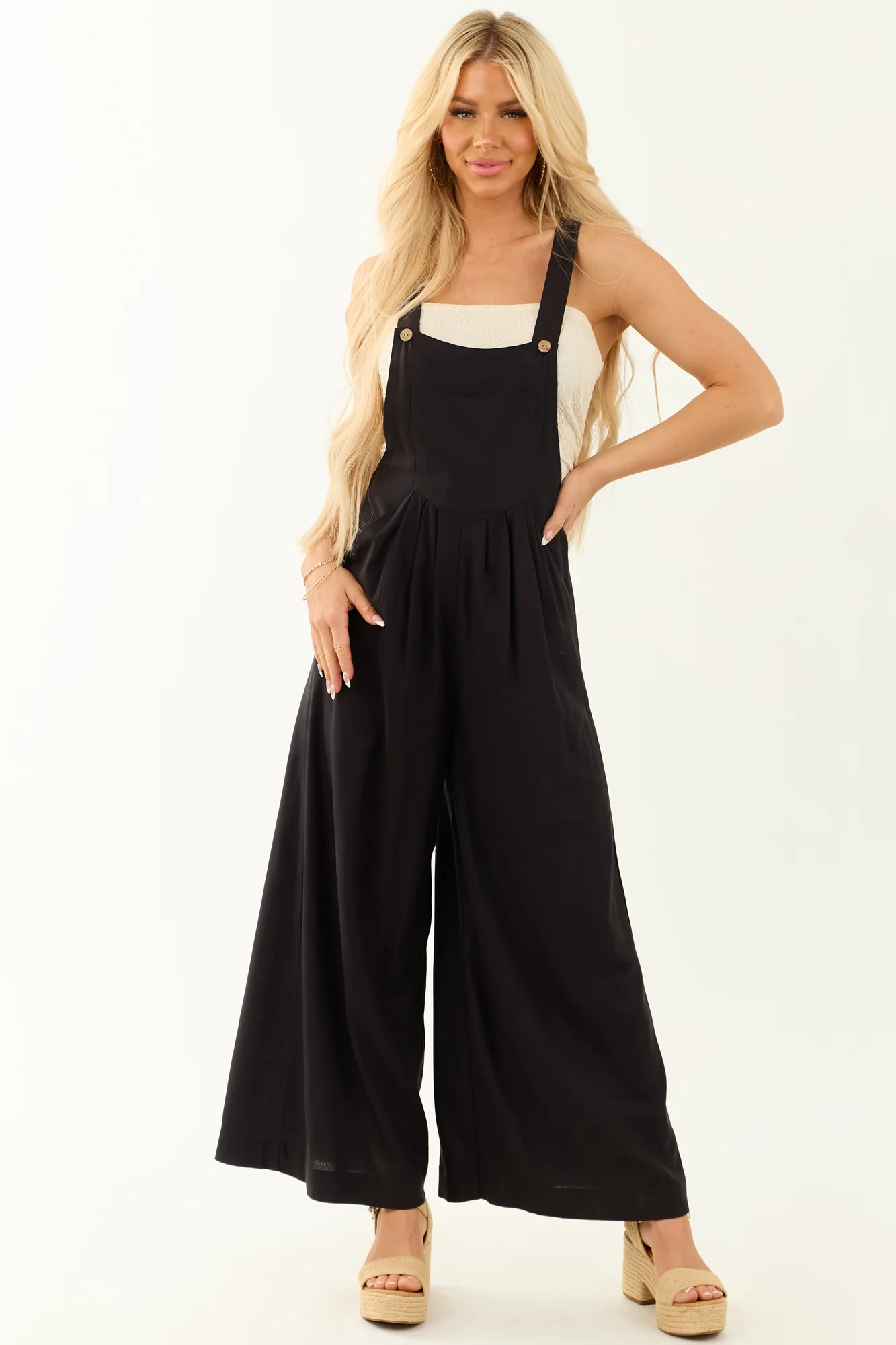 Wide Leg Black Linen Jumpsuit for Women