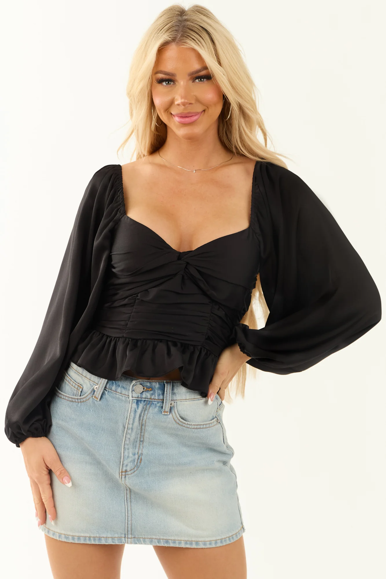 Black Satin Sweetheart Peplum Top Blouse