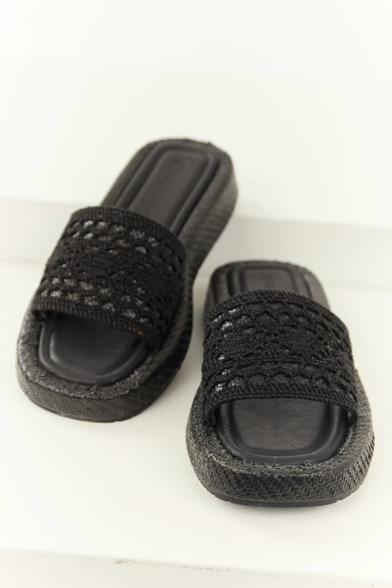 Black Raffia Platform Slip-On Sandals