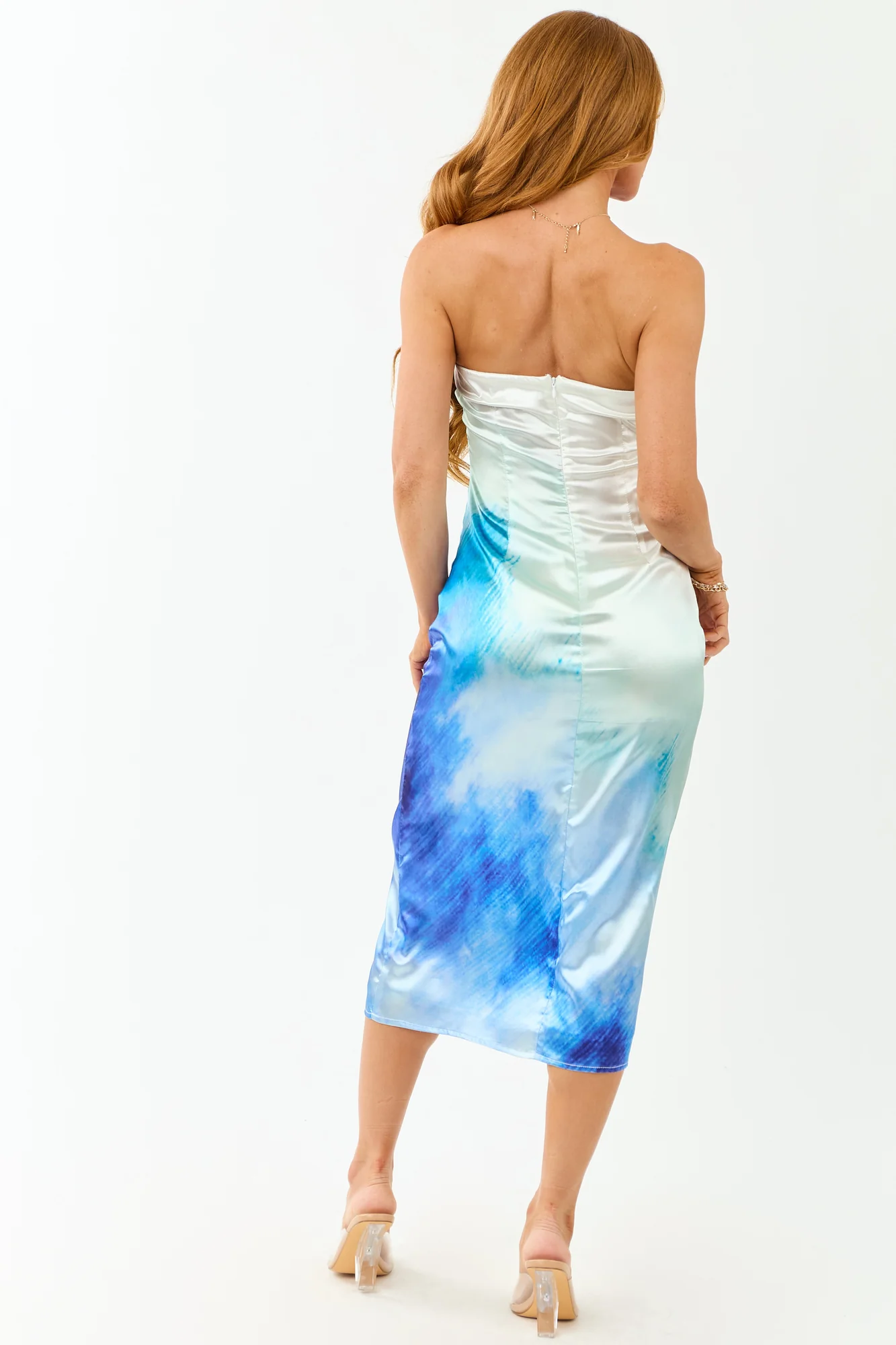 Ombre Satin Strapless Midi Dress in Ivory Sage Sapphire Ocean