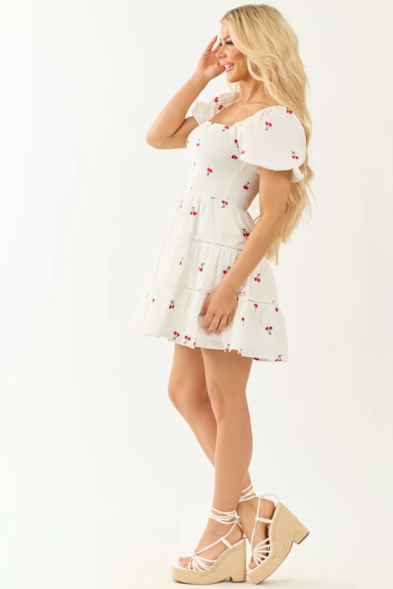Cherry Embroidered Smocked Mini Dress in Off White - Vintage Charm