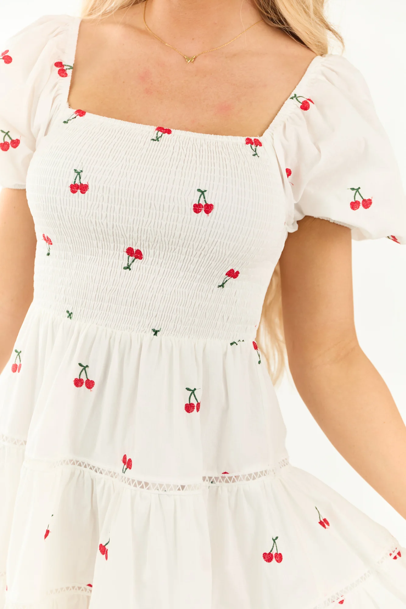 Cherry Embroidered Smocked Mini Dress in Off White - Vintage Charm