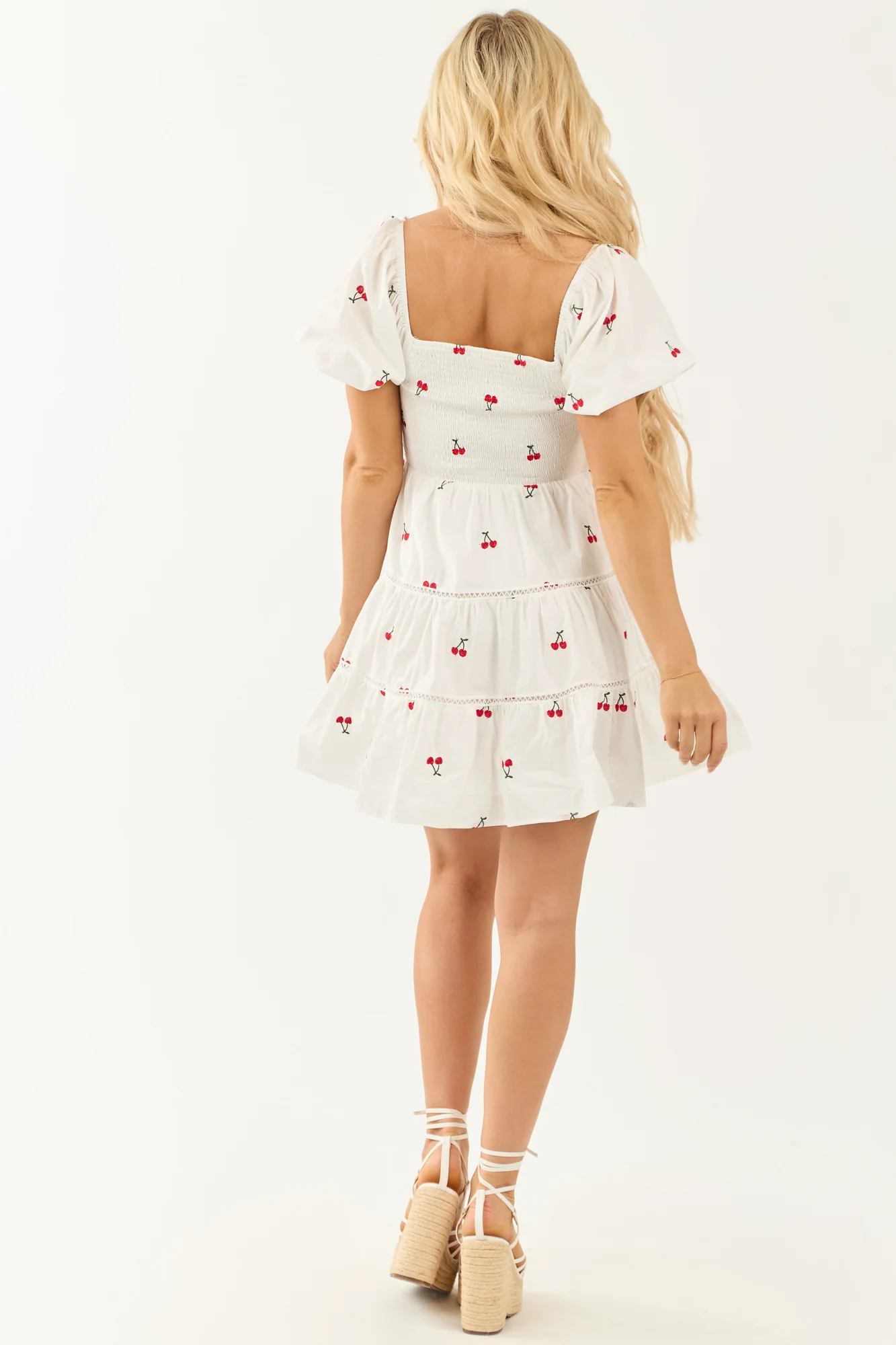 Cherry Embroidered Smocked Mini Dress in Off White - Vintage Charm