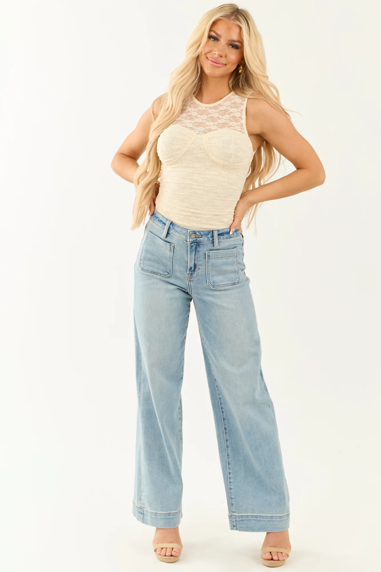 White Lace Overlay Sleeveless Bodysuit with High Neckline