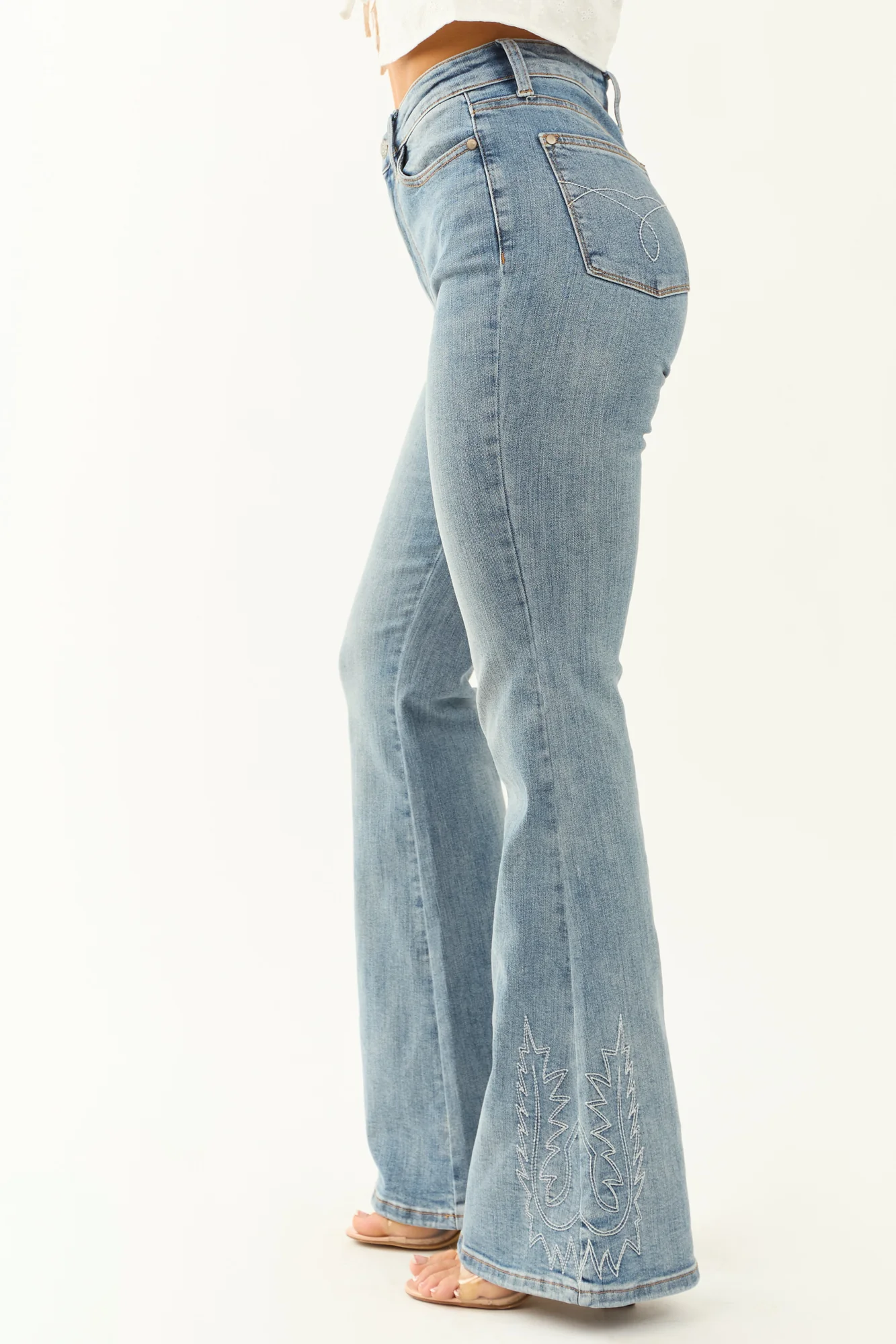 Light Wash Embroidered Flare Jeans High Rise Stretch Denim