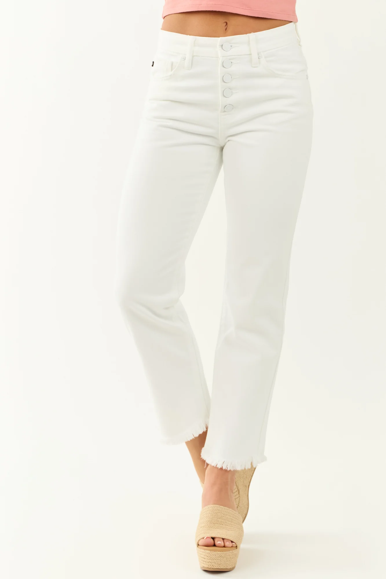White High Rise Cropped Jeans with Button Fly | Stylish Non-Stretch Denim